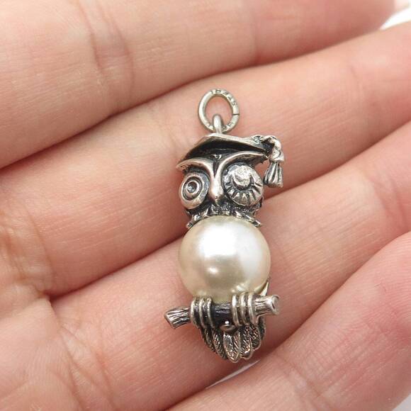 Other - BEAU 925 Sterling Silver Vintage Faux Pearl Owl Professor On Brunch Pendant